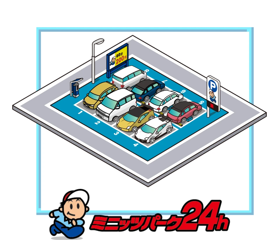 ミニッツパークの駐車場を斜め上から見たイラスト。精算機のある後払いの駐車場に車が並んでいる。