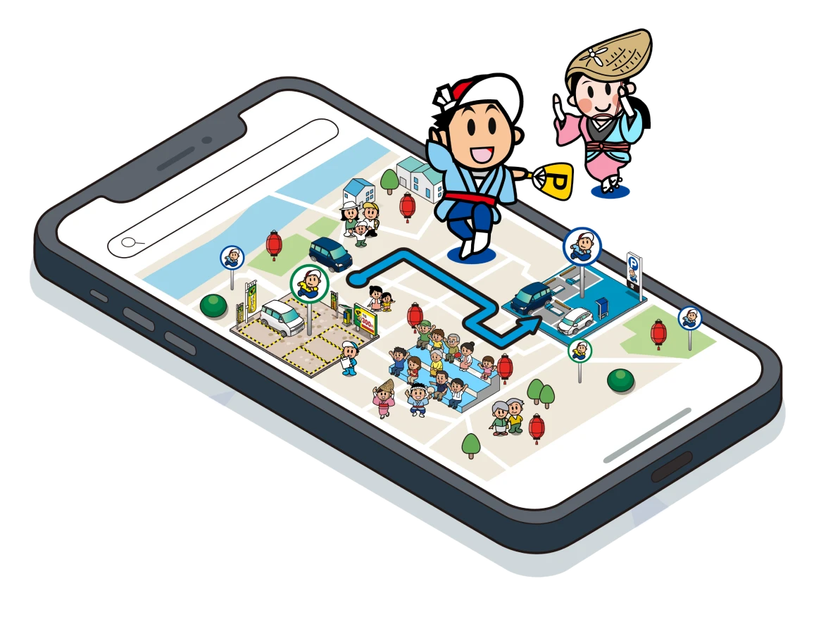 スマートフォンに地図が表示され、駐車場から目的地までの経路が線で示されているイラスト。
